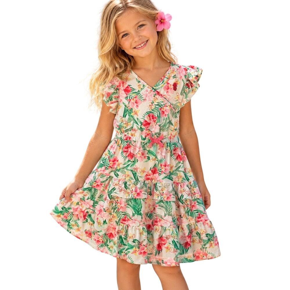 Tommy Bahama Daffodil Print Dress Girls Size 6 Pink Green Floral Tiered Ruffled